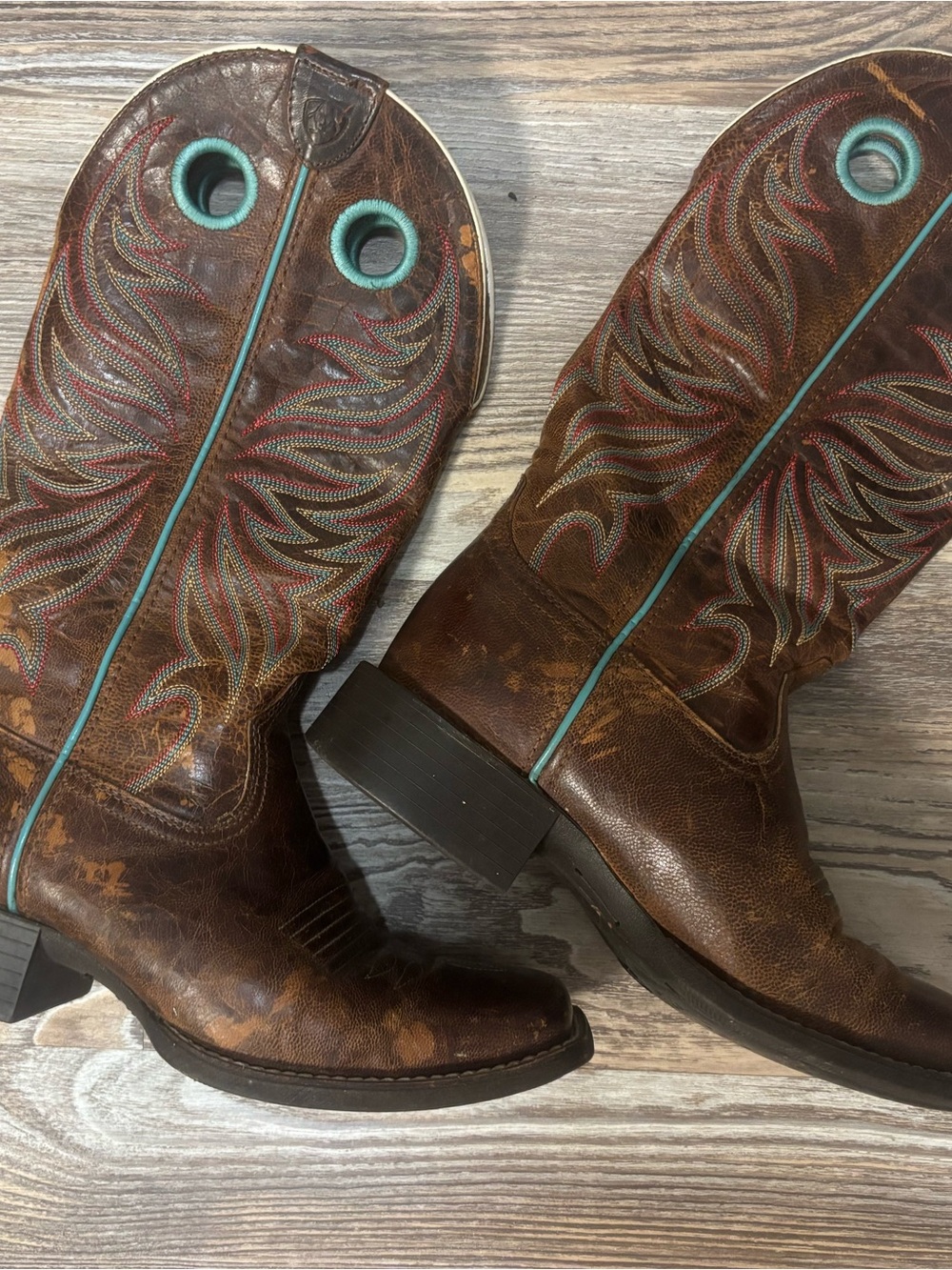 Ariat Brown Western Heeled Pull-On Boots with Turquoise Stitching